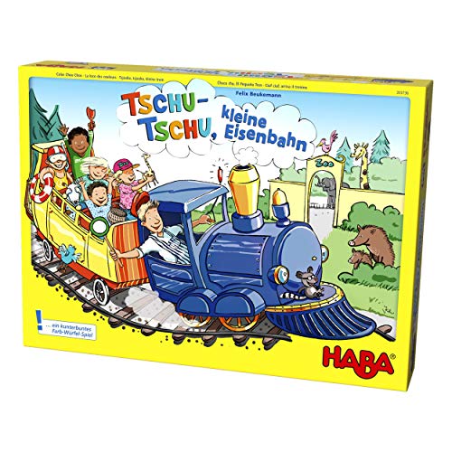 Haba 303736 - Tschu-tschu, kleine Eisenbahn | Brettspiel mit großem Puzzle-Spielplan, Würfel, Eisenbahn, 24 Fahrgast-Plättchen, 3 Weichen und 4 Haltestellen | Spielzeug ab 3 Jahren, 1 Stück (1er Pack) von HABA