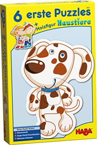 Haba 3902-6 Erste Puzzles, Haustiere, Puzzle mit 6 niedlichen Tiermotiven für Kinder ab 2 Jahren, mit Holzfigur zum freien Spiel von HABA