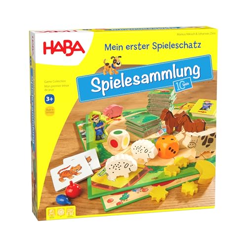 Haba 4278 - Mein erster Spieleschatz Die große Haba-Spielesammlung, 10 unterhaltsame Brett-, Memo- und Kartenspiele ab 3 Jahren in einer Packung, Kindgerechtes Spielmaterial aus Holz von HABA