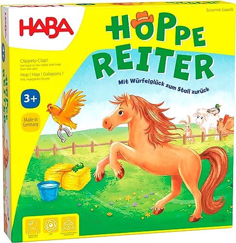 HABA 4321 - Hoppe Reiter Pferdestarkes Wettlaufspiel, für 2-4 Spieler von 3-12 Jahren, Spielbar in 3 Varianten, Brettspiel mit einfachen Spielregeln von HABA