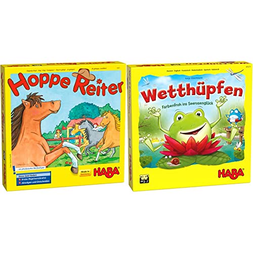 Haba 4321 - Hoppe Reiter Pferdestarkes Wettlaufspiel, für 2-4 Spieler von 3-12 Jahren & 305272 - Wetthüpfen, Würfelspiel für Kinder von 3 bis 7 Jahren mit unterschiedlichen Spielvarianten von HABA