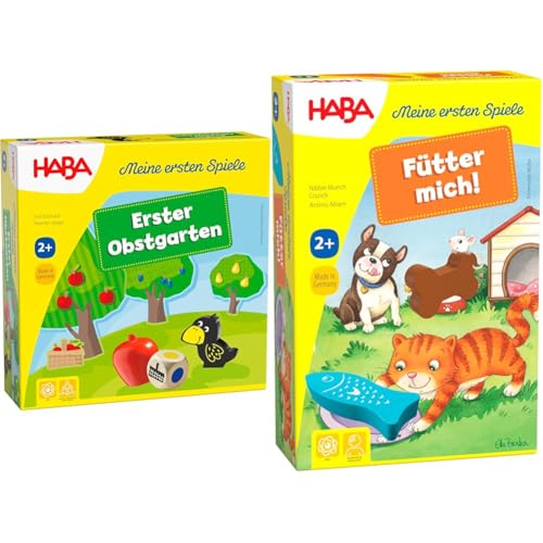 Haba 4655 - Meine ersten Spiele Erster Obstgarten & 305473 - Meine ersten Spiele – Fütter Mich! Zuordnungsspiel ab 2 Jahren für 1 – 5 Spieler mit 5 Holzfiguren zum Thema Haustiere, Spieldauer 5 min von HABA