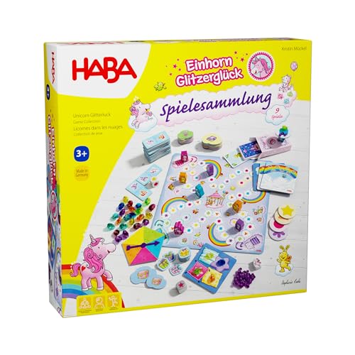 Haba Einhorn Glitzerglück Spielesammlung - 9 abwechslungsreiche Würfel-, Brett-, & Kartenspiele - Mit Einfachen Regeln - Made in Germany - Für Kinder ab 3 Jahren - 2010879001 von HABA