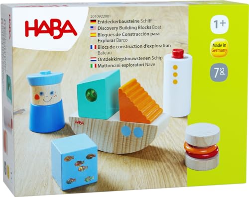 Haba Entdeckerbausteine Schiff - Marine Holzbausteine mit optischen und akustischen Effekten - Fördert Feinmotorik - Made in Germany - Für Kinder ab 1 Jahr - 2010922001 von HABA