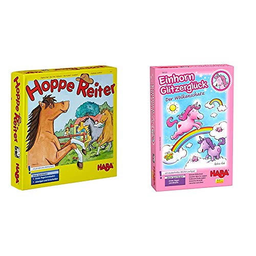 Haba Hoppe Reiter Pferdestarkes Wettlaufspiel, für 2-4 Spieler von 3-12 Jahren, Spielbar in 3 Variantenn & Einhorn Glitzerglück Der Wolkenschatz, Zauberhaftes Würfelspiel mit 60 Glitzerkristallen von HABA