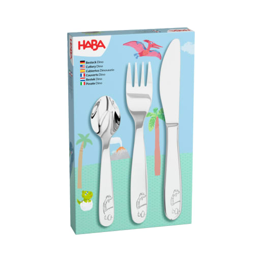 Kinderbesteck Dino, 3-teiliges Set mit Messer, Gabel, Löffel Kinderbesteck Dino, 3-teiliges Set mit Messer, Gabel, Löffel von HABA