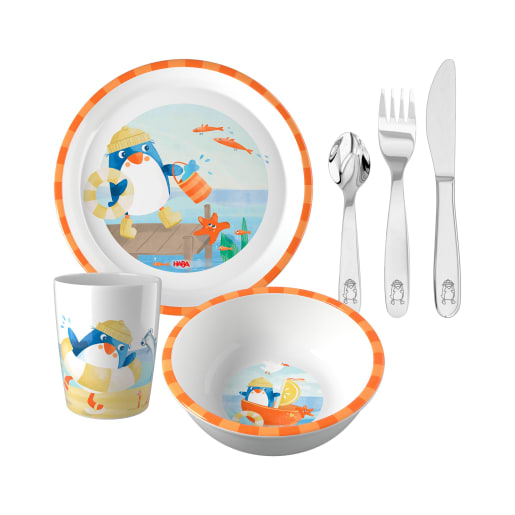 Kindergeschirr-Set Pinguin, Kindergeschirr mit Besteck, 6-teilig Kindergeschirr-Set Pinguin, Kindergeschirr mit Besteck, 6-teilig von HABA