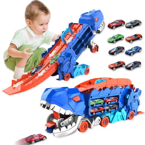 HACOCOLA Dinosaurier-Transporter Schiebe-Rennbahn Set mit 8 Autos für Kinder Jungen Mädchen 3 4 5 6 7 8 (blau) von HACOCOLA