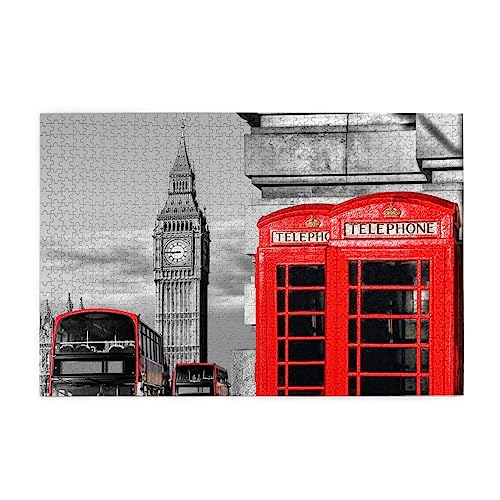 England UK Retro London Telefon-Puzzles für Erwachsene, 1000 Teile, interessante Holzpuzzles, Stressabbau-Puzzles mit Box von HAICOM