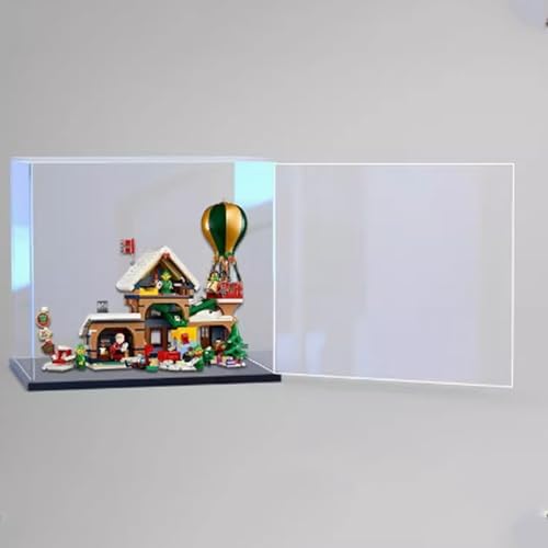 Acryl-Displaybox für Lego 10339 Weihnachtsmann-Postamt, transparent, staubdicht, kompatibel mit Lego 10339 Bauset (Modell nicht im Lieferumfang enthalten) (schwarzer Sockel + offene Tür) von HAIWENFEIQI