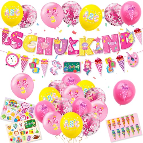 Einschulung Deko Mädchen, Schuleinführung Schulanfang Deko Set, Schulkind Luftballon mit Einhorn ABC 123 Muster, SCHULKIND Banner, Zuckertüte Girlande und Aufkleber von HAJXXMM