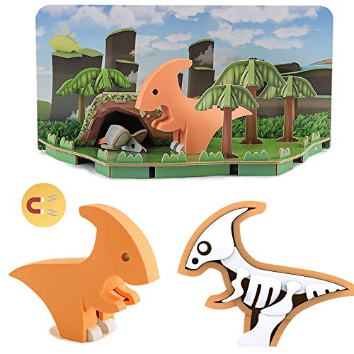 HALFTOYS Dinosaurier Toys 3D Puzzle mit Magneten und Papierdioramen, PARA Dinosaurier Jigsaw Bausteine Take Apart Spielzeug für Kinder 3 Jahre von HALFTOYS