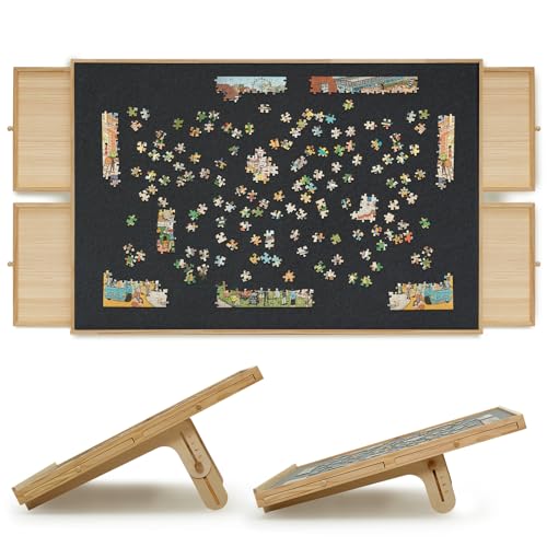 YKHALLYBEE 2000 Teile Puzzlebrett mit 4 Schubladen & Abdeckung, 2-in-1-Puzzlebrett mit verstellbarem Neigungsständer, tragbares Puzzlebrett aus Holz mit Filztisch 104,1 cm B x 70,1 cm T von HALLYBEE