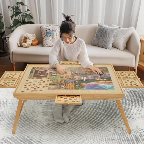 HALLYBEE Puzzletisch 1500 Teile Holz Puzzle Board mit Beinen, 87.1 cmx 67.3 cm Jigsaw Board mit 4 Schubladen und Abdeckung, Faltbarer Bein Puzzletisch für Erwachsene, Natur von HALLYBEE