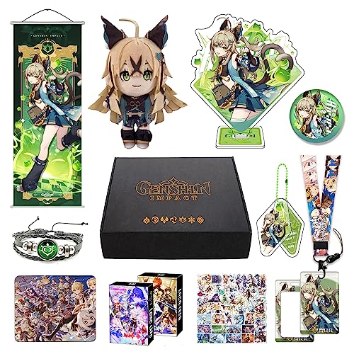 Genshin Impact Box Geschenkbox Merch Set mit 11 Geschenk, Wanderer Cyno Xiao All 5 Stars Characters Plush Poster Acrylic Stand Aufkleber Set, Sammlung für Traveller Fans (Kirara 1) von HALOOP