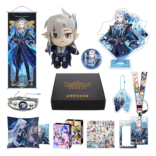 Genshin Impact Box Geschenkbox Merch Set mit 11 Geschenk, Wanderer Cyno Xiao All 5 Stars Characters Plush Poster Acrylic Stand Aufkleber Set, Sammlung für Traveller Fans (Neuvillette) von HALOOP