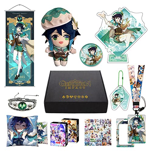 Genshin Impact Box Geschenkbox Merch Set mit 11 Geschenk, Wanderer Cyno Xiao All 5 Stars Characters Plush Poster Acrylic Stand Aufkleber Set, Sammlung für Traveller Fans (Venti) von WAHALAA