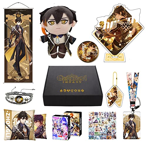 HALOOP Genshin Impact Box Geschenkbox Merch Set mit 11 Geschenken, Wanderer Cyno Xiao All 5 Sterne Charakter Plüschfiguren, Poster, Acryl-Ständer, Aufkleber Set, Sammlung für Traveller Fans (Zhongli) von HALOOP