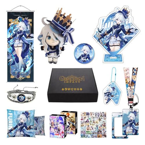 HALOOP Genshin Impact Box Geschenkbox Merch Set mit 11 Geschenk, Wanderer Cyno Xiao All 5 Stars Characters Plush Poster Acrylic Stand Aufkleber Set, Sammlung für Traveller Fans (Furina) von HALOOP