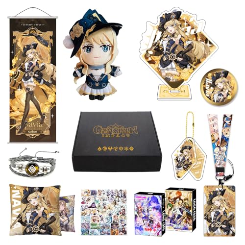 HALOOP Genshin Impact Box Geschenkbox Merch Set mit 11 Geschenk, Wanderer Cyno Xiao All 5 Stars Characters Plush Poster Acrylic Stand Aufkleber Set, Sammlung für Traveller Fans (Navia) von HALOOP