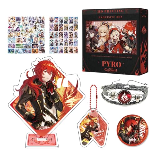 HALOOP Genshin Impact Merch Box Geschenkset - Acryl Standfigur, Schlüsselanhänger, Armband, Abzeichen, 30 Lomo Karten, 50 Aufkleber (Diluc) von HALOOP