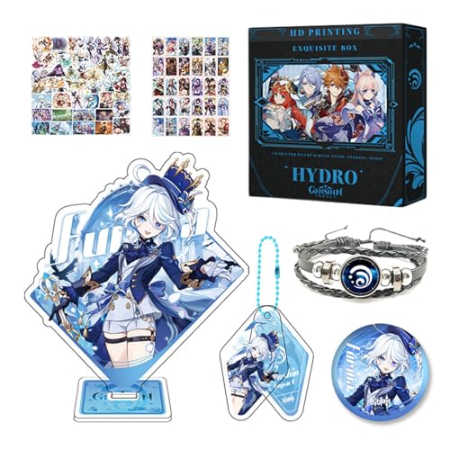 HALOOP Genshin Impact Merch Box Geschenkset - Acryl Standfigur, Schlüsselanhänger, Armband, Abzeichen, 30 Lomo Karten, 50 Aufkleber (Furina) von HALOOP