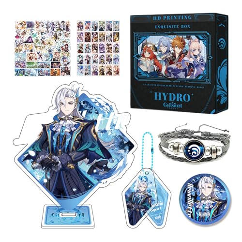 HALOOP Genshin Impact Merch Box Geschenkset - Acryl Standfigur, Schlüsselanhänger, Armband, Abzeichen, 30 Lomo Karten, 50 Aufkleber (Neuvillette) von HALOOP