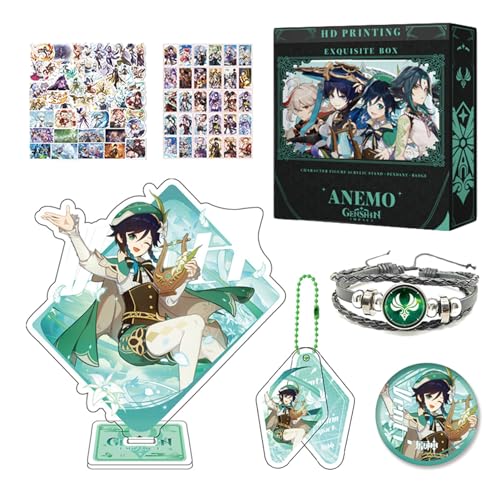 HALOOP Genshin Impact Merch Box Geschenkset - Acryl Standfigur, Schlüsselanhänger, Armband, Abzeichen, 30 Lomo Karten, 50 Aufkleber (Venti) von HALOOP