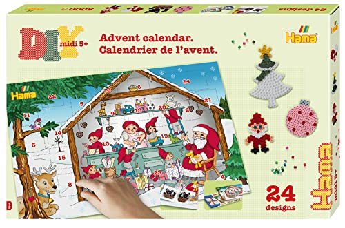 Hama Perlen 3046 Bügelperlen Adventskalender, Geschenkpackung mit ca. 5.000 Midi-Perlen, 5 kleinen Stiftplatten zum Zusammenstecken, Motivvorlage, Bügelpapier, für Kinder ab 5 Jahren von HAMA