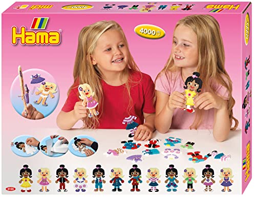 Hama Perlen 3155 Geschenk-Set Puppen, ca. 4.000 bunte Midi-Perlen mit Durchmesser 5 mm, 2 Hama Juwelen, Motivvorlage und Stiftplatte inkl. Bügelpapier, kreativer Bastelspaß für Groß und Klein von HAMA