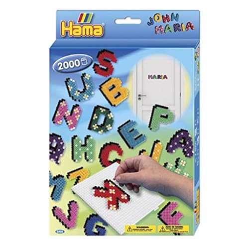 Hama Perlen 3424 Geschenk-Set Buchstaben mit ca. 2.000 bunten Midi Bügelperlen mit Durchmesser 5 mm, Stiftplatte, inkl. Bügelpapier, kreativer Bastelspaß für Groß und Klein von Hama