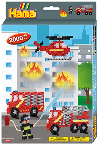 Hama Perlen 3441 Geschenk-Set Feuerwehr mit ca. 2.000 bunten Midi Bügelperlen mit Durchmesser 5 mm, Motivvorlage und Stiftplatte, inkl. Bügelpapier, kreativer Bastelspaß für Groß und Klein von Hama