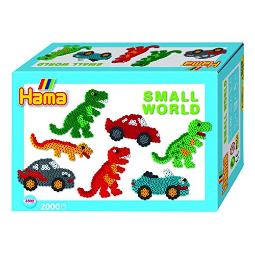 Hama Perlen 3502 Geschenk-Set Kleine Welt mit ca. 2.000 bunten Midi Bügelperlen mit Durchmesser 5 mm, Stiftplatten Auto und Dino, inkl. Bügelpapier, kreativer Bastelspaß für Groß und Klein von HAMA