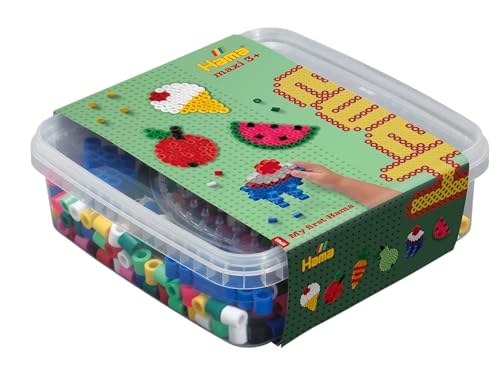 Hama Perlen 8740 Bügelperlen Box mit ca. 600 bunten Maxi Bastelperlen mit Durchmesser 10 mm, Stiftplatte in transparent, inkl. Bügelpapier, kreativer Bastelspaß für Groß und Klein von HAMA