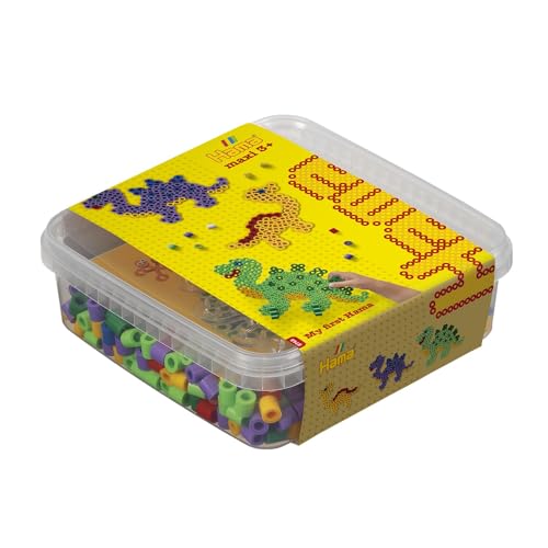 Hama Perlen 8742 Box Dinosaurier mit ca. 600 bunten Maxi Bügelperlen mit Durchmesser 10 mm, Stiftplatte in transparent, inkl. Bügelpapier, kreativer Bastelspaß für Groß und Klein von Hama