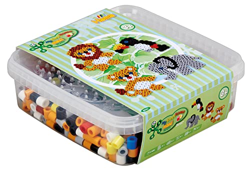 Hama Perlen 8751 Bügelperlen Box Löwe und Elefant, ca. 600 Bunte Maxi Bastelperlen mit Durchmesser 10 mm, Zwei transparente Stiftplatten, inkl. Bügelpapier, kreativer Bastelspaß für Kinder, Large von Hama