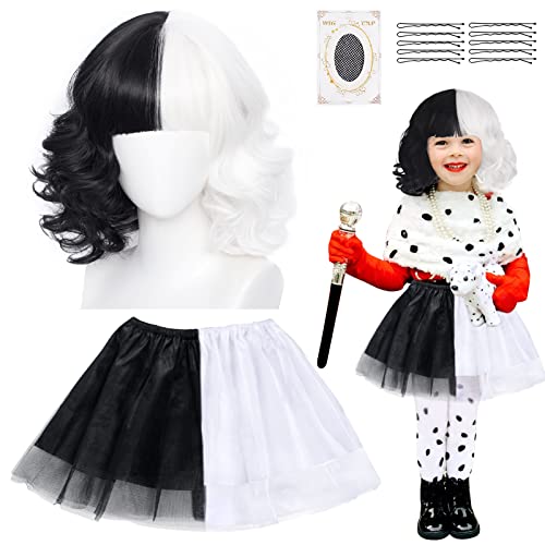 HAMOOM 2tlg Cruella Devil Kostüm Schwarze und weiße Perücke Cruella Kostüm Kurze gewellte Perücken mit Schwarzer Weiße Sarong Mode Lockige Kostüm für Damen Mädchen Karneval Fasching Cosplay von HAMOOM