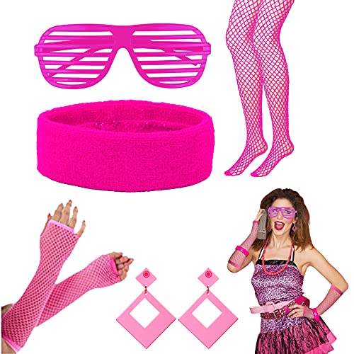 HAMOOM 5TLG 80er Jahre Accessoires Damen 1980s Outfit Kostüm Zubehör 80 Partei Fancy Dress Zubehör Fluoreszierendes Rosa Ohrringe Netzhandschuhe für Damen Mädchen Karneval Fasching Neon Kostüm von HAMOOM