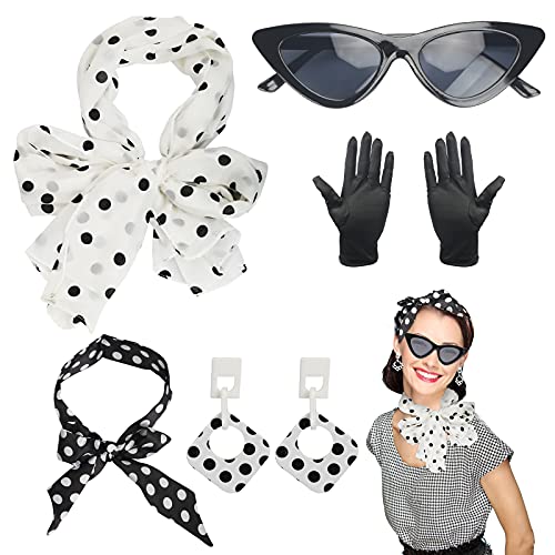 HAMOOM 5TLG Rockabilly Accessoires 50er Jahre Kleid Zubehör mit Polka Dot Chiffon Schal 60er Jahr Kleidung Set 1950s Kostüm 50er Jahre Qutfit Damen Faschingskostüm für Motoparty Retro Teily Party von HAMOOM