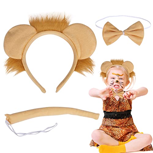 HAMOOM 3 STK Löwen Kostüme Kinder Löwenkostüm Set Löwe Kostüm Cosplay Set mit Ohren Schwanz und Fliege Braun Faschingskostüme für Jungen Mädchen Karneval Fasching Geburtstags Party Zubehör von HAMOOM