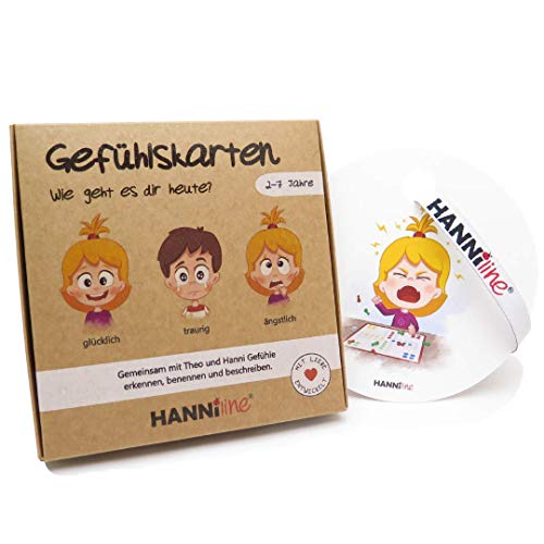 HANNIline® Gefühlskarten [Made in EU] 20 Motive 10 Karten Kleinkinder Lernkarten 2 Jahre emotionale Entwicklung + Gefühlsuhr Gefühlslexikon und Malvorlagen online – Lernspielzeug Emotionen von HANNIline