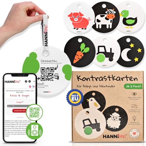 HANNIline® Kontrastkarten Baby [Made in EU] 20 Bilder 11 Karten Baby Spielzeug ab 3 Monate | mit Schlaufe, Elternratgeber, Online-Sounds und Stories | Montessori Spielzeug Baby Spielzeug Baby von HANNIline