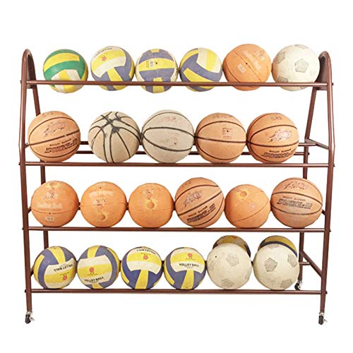 HAODUOO Großer rollender Sportball-Aufbewahrungswagen, 4-stöckiger Ständer for 42 Basketballbälle mit Griff/Rädern, doppelseitiger Fußball-Organizer-Halter(Brown) von HAODUOO