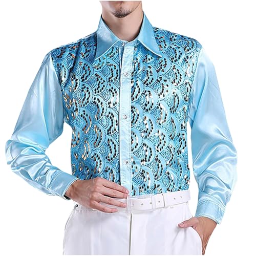 Herren Exquisites Mode Hemd, Farb Pailletten Zeigen Kleidung Mit Langem Sleeved Revers Top, Weiches Und Bequemes Hemdoberteil, Sale Clearance Temperament Slim Tshirt Top von HAOLEI