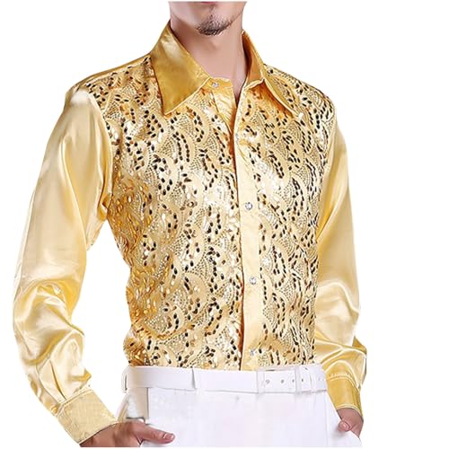 Herren Exquisites Mode Hemd, Farb Pailletten Zeigen Kleidung Mit Langem Sleeved Revers Top, Weiches Und Bequemes Hemdoberteil, Sale Clearance Temperament Slim Tshirt Top von HAOLEI