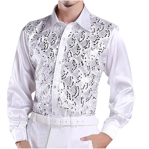 Herren Exquisites Mode Hemd, Farb Pailletten Zeigen Kleidung Mit Langem Sleeved Revers Top, Weiches Und Bequemes Hemdoberteil, Sale Clearance Temperament Slim Tshirt Top von HAOLEI