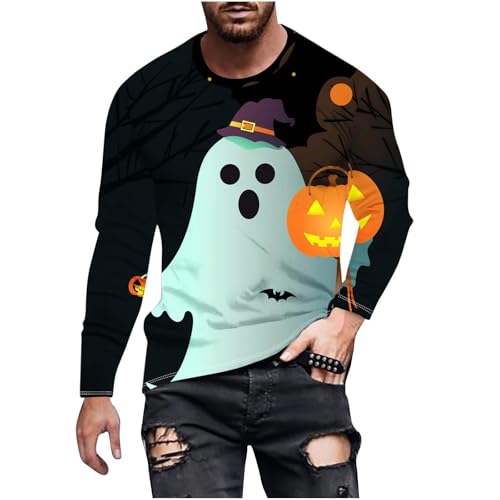 T-Shirt Herren Halloween Gedruckt Lange Ärmel Top, Sale Clearance Spooky Gedruckt Rundhals T-Shirt Tops, Lässig Mode Pullover, Weicher Und Bequemer Oberteil, Günstig Halloween Kostüm von HAOLEI