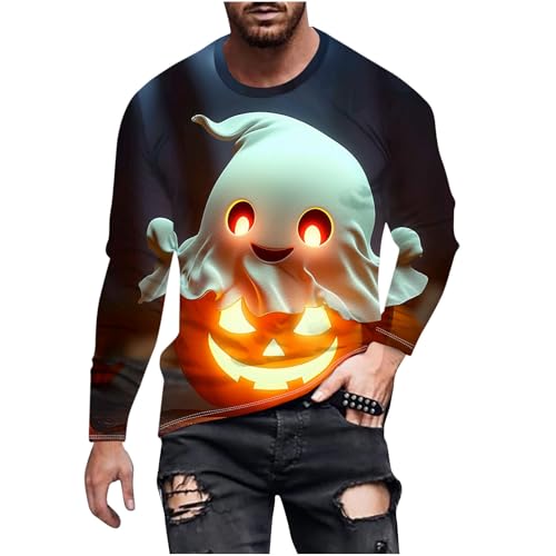 T-Shirt Herren Halloween Gedruckt Lange Ärmel Top, Sale Clearance Spooky Gedruckt Rundhals T-Shirt Tops, Lässig Mode Pullover, Weicher Und Bequemer Oberteil, Günstig Halloween Kostüm von HAOLEI