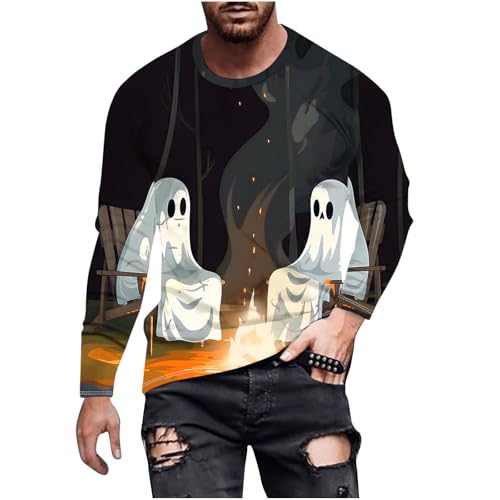 T-Shirt Herren Halloween Gedruckt Lange Ärmel Top, Sale Clearance Spooky Gedruckt Rundhals T-Shirt Tops, Lässig Mode Pullover, Weicher Und Bequemer Oberteil, Günstig Halloween Kostüm von HAOLEI