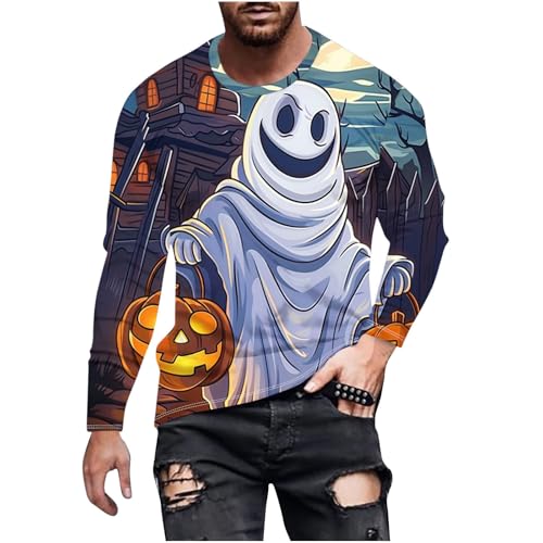 T-Shirt Herren Halloween Gedruckt Lange Ärmel Top, Sale Clearance Spooky Gedruckt Rundhals T-Shirt Tops, Lässig Mode Pullover, Weicher Und Bequemer Oberteil, Günstig Halloween Kostüm von HAOLEI